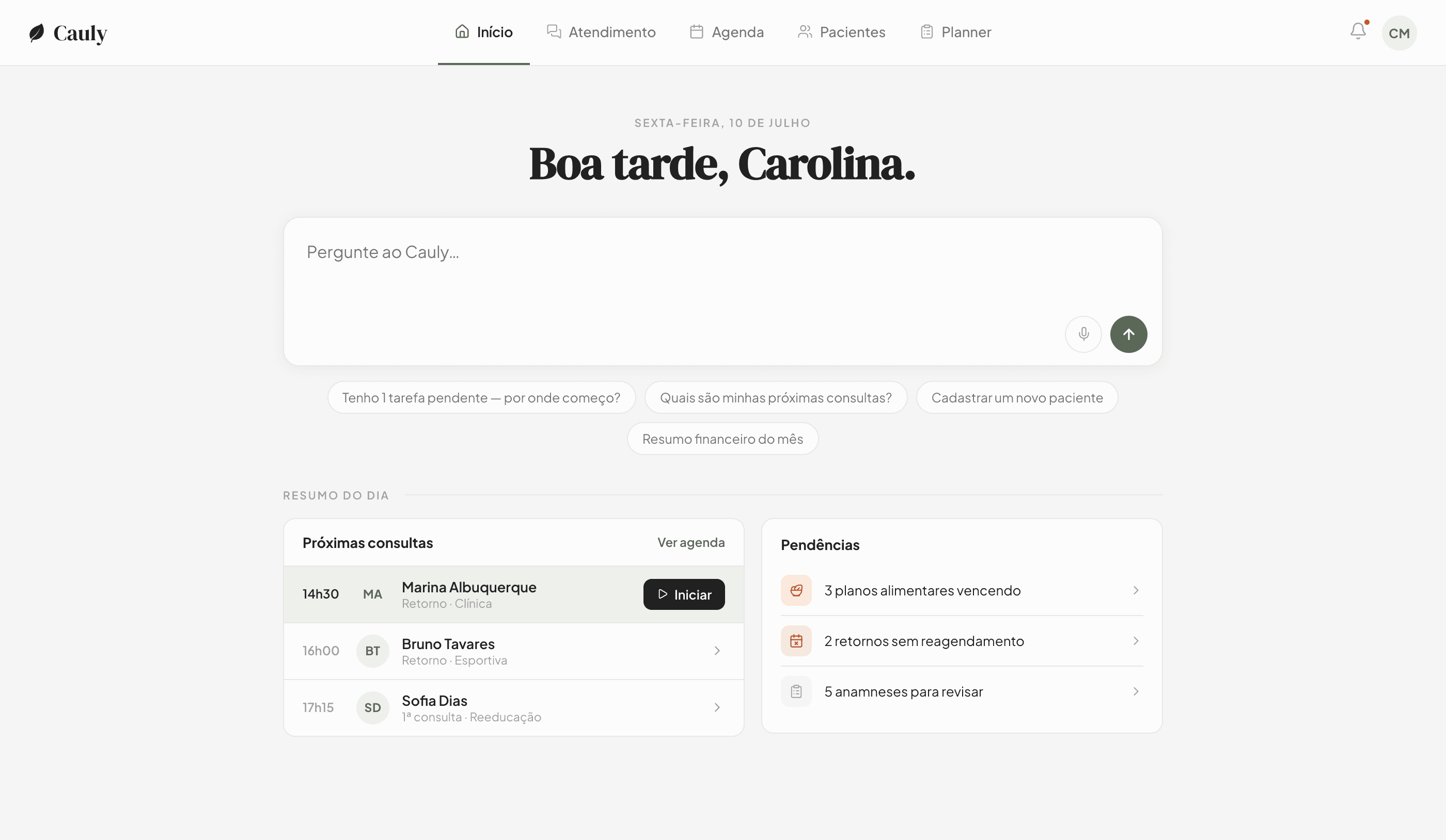Tela de início do Cauly com o chat de IA