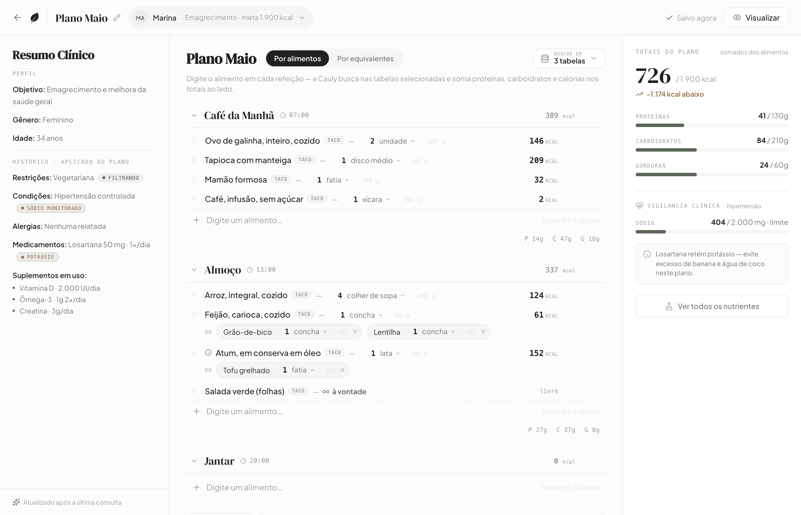 Editor de plano alimentar do Cauly, com totais calculados ao lado