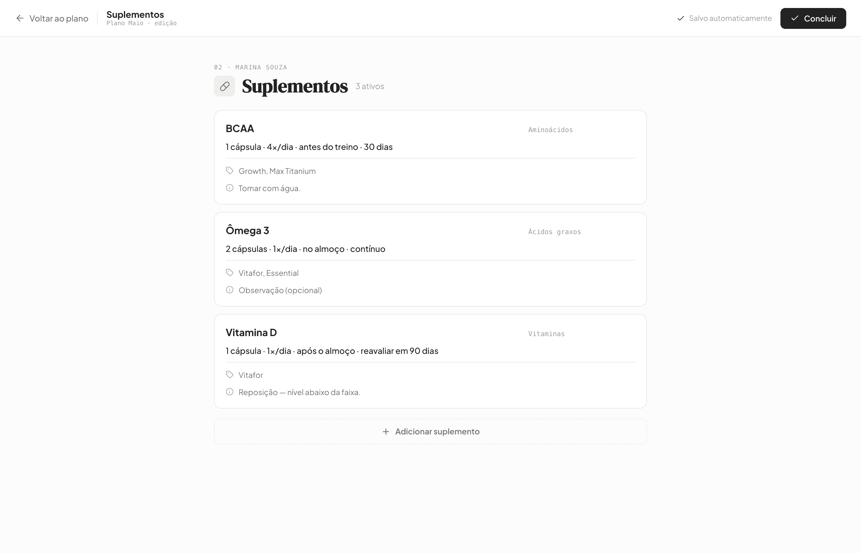 Editor de suplementos da prescrição no Cauly