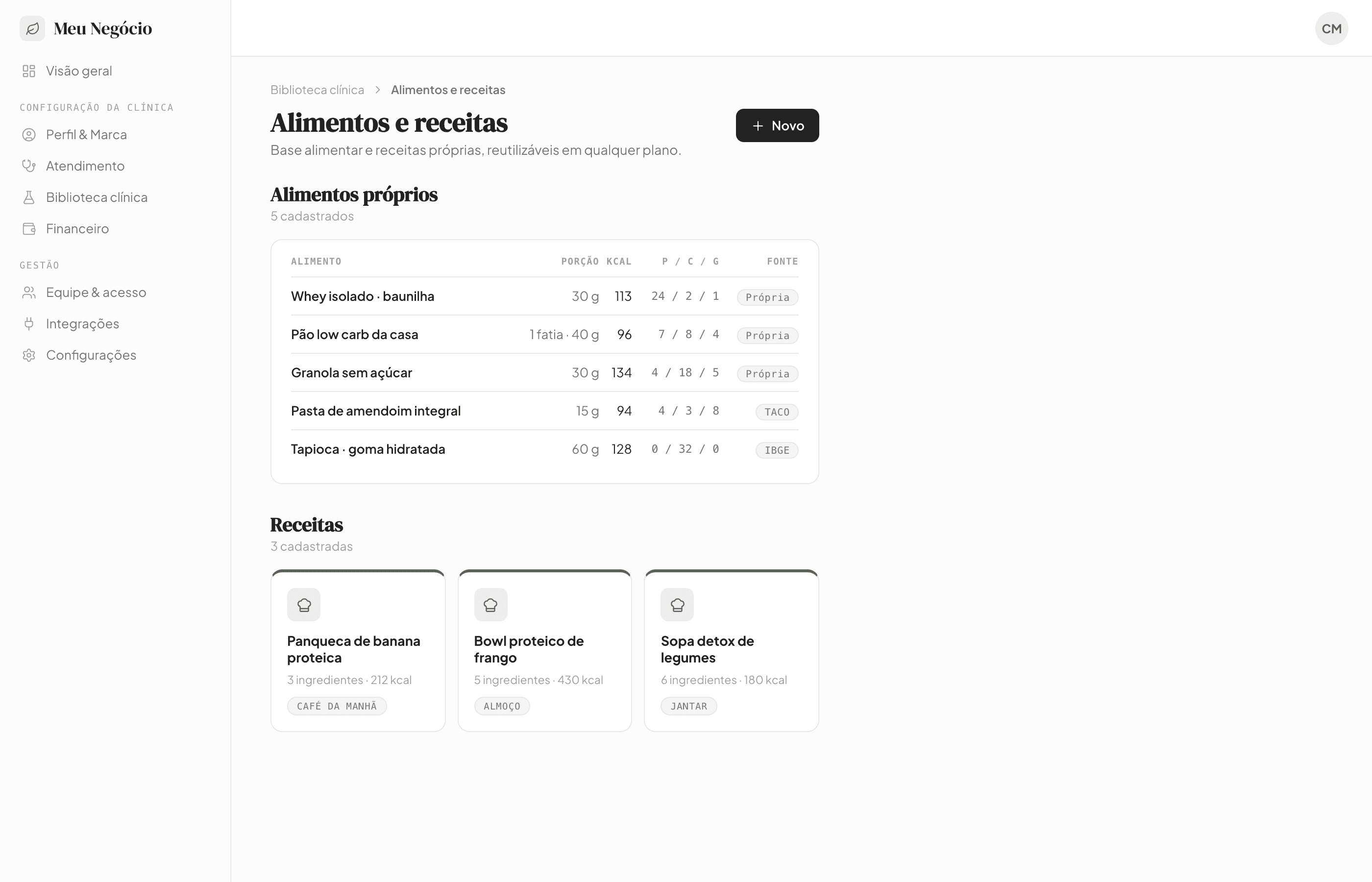Meu Negócio — biblioteca de alimentos e receitas cadastrados