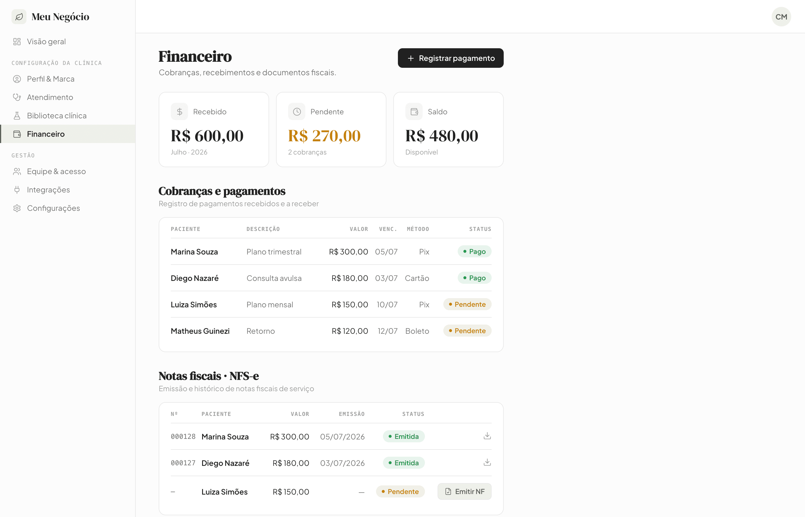 Meu Negócio — financeiro com registro de pagamentos