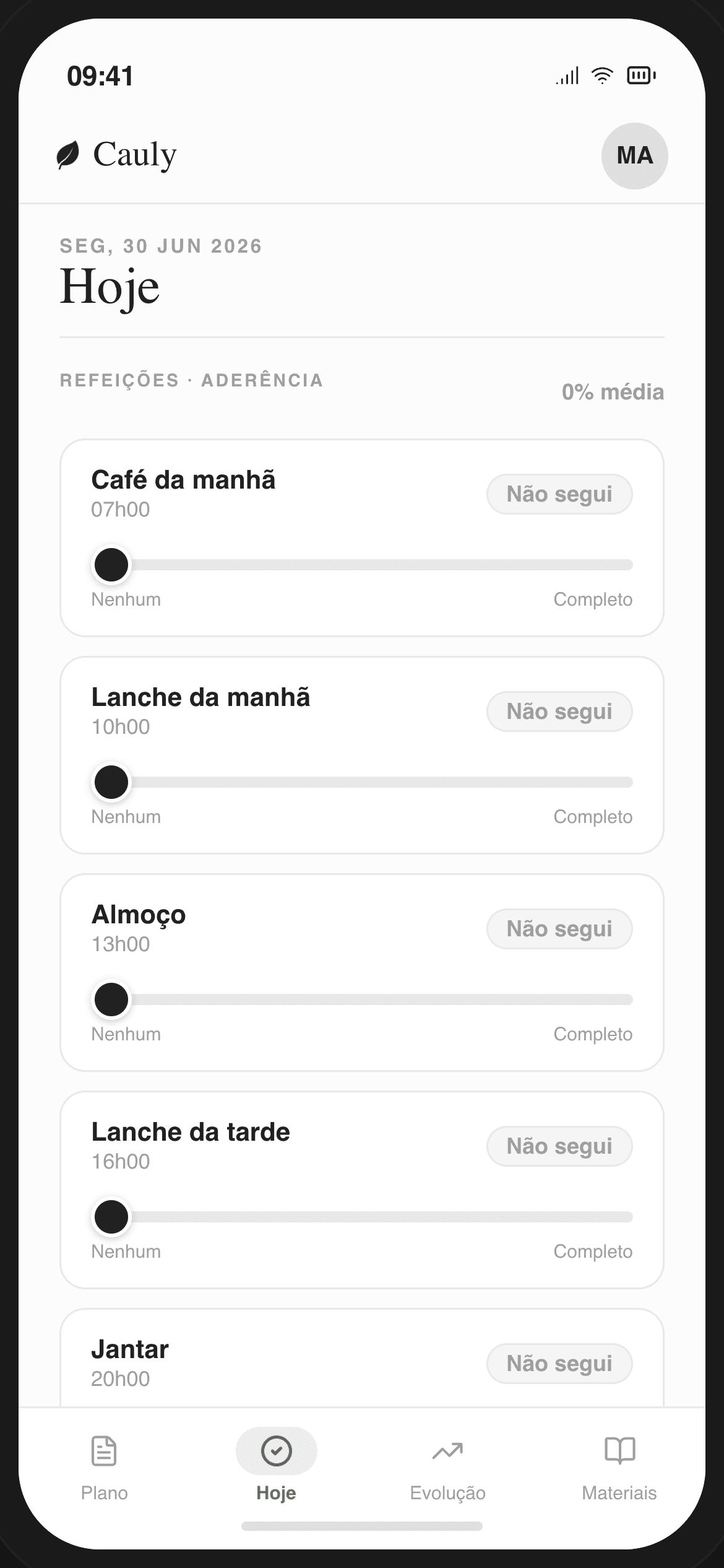 App do paciente — registro do dia: refeições e hábitos