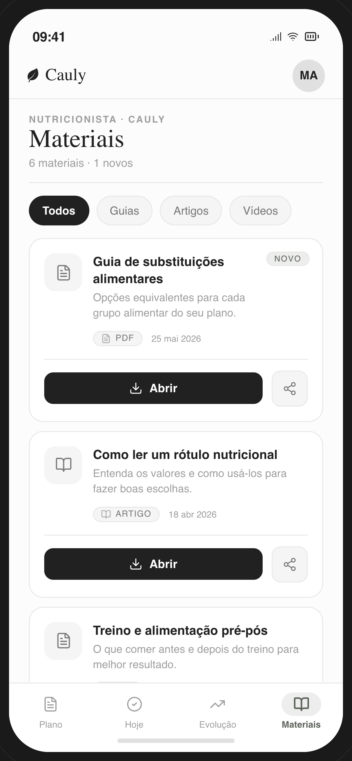 App do paciente — materiais enviados pela nutricionista