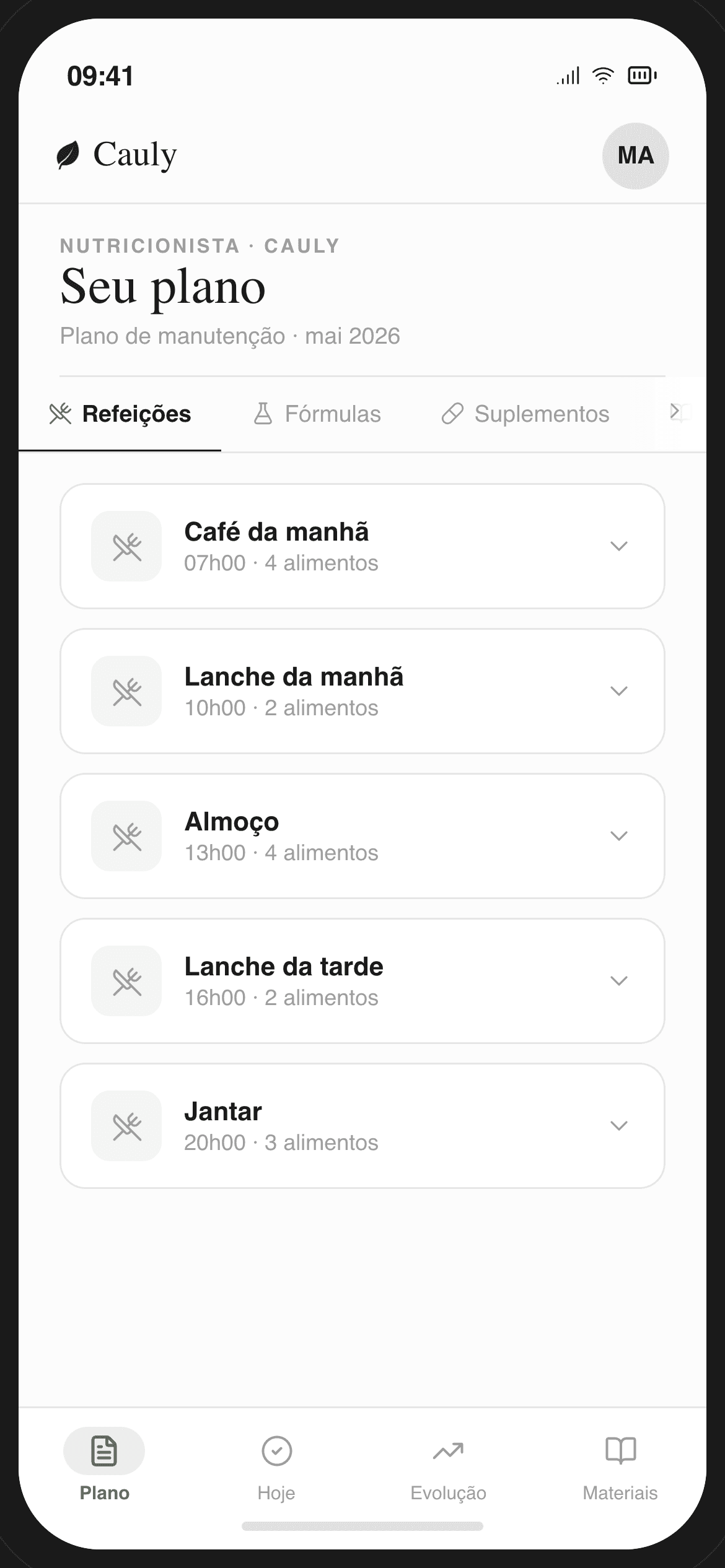 App do paciente — plano alimentar do mês